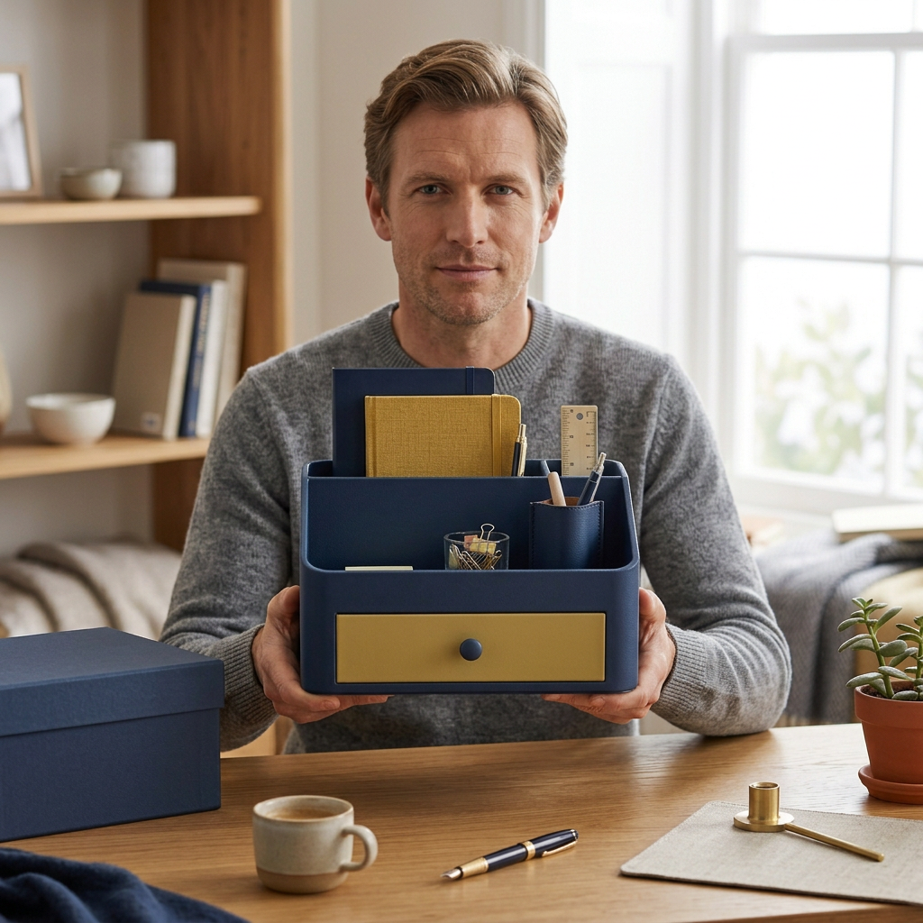 Male model holding organizer concept