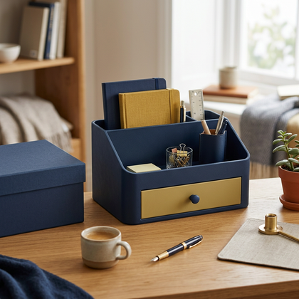 Navy & Mustard Desktop Organizer with Drawer