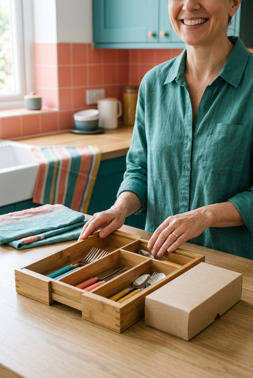 Expandable Bamboo Drawer Organizer — product held for demonstration